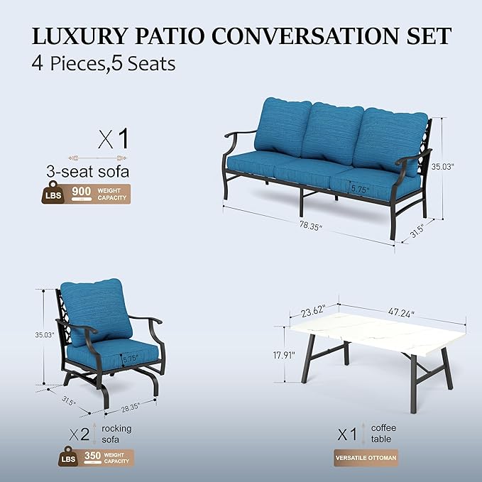 HERA'S HOUSE 4 Piece Patio Furniture Set, 2 x Rocking Metal Frame Cushioned Chair, 3-Seat Sofa with Marbling Coffee Table, All Weather Outdoor Conversation Set for Lawn Garden Backyard, Pacific Blue