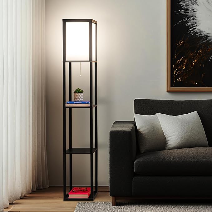 Brightech Maxwell - Modern Shelf Floor Lamp with Shade and LED Bulb Corner Display Lamps Shelves for Living Room, Bedroom Office Black