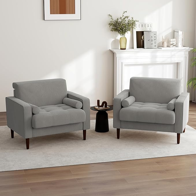 UIXE Corduroy Accent Chairs Set of 2, Modern Upholstered Living Room Arm Chair Bedroom Reading Armchair with Bolster Pillows, Mid-Century Track Armrest Tufted Single Sofa Seat (Light Gray)