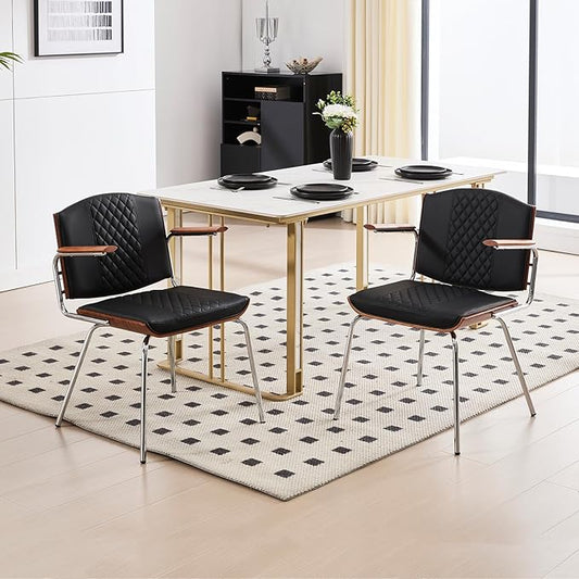 Modern Dining Chairs Set of 2 – Walnut Wood Frame with PU Leather Seat, Silver Metal Legs – Mid-Century Kitchen Chairs for Dining Room, Kitchen, Black