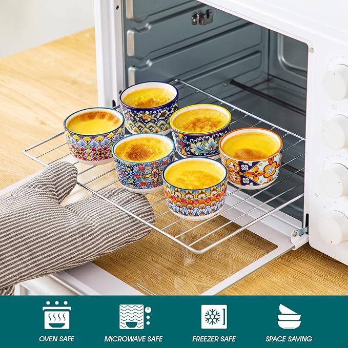 vancasso 4 Oz Ramekins Oven Safe Set of 6, Bohemian Creme Brulee Ramekins, Colorful Souffle Dishes, Pudding Custard Cups for Baking, Small Ceramic Bowls for Dipping Sauce, Ice Cream