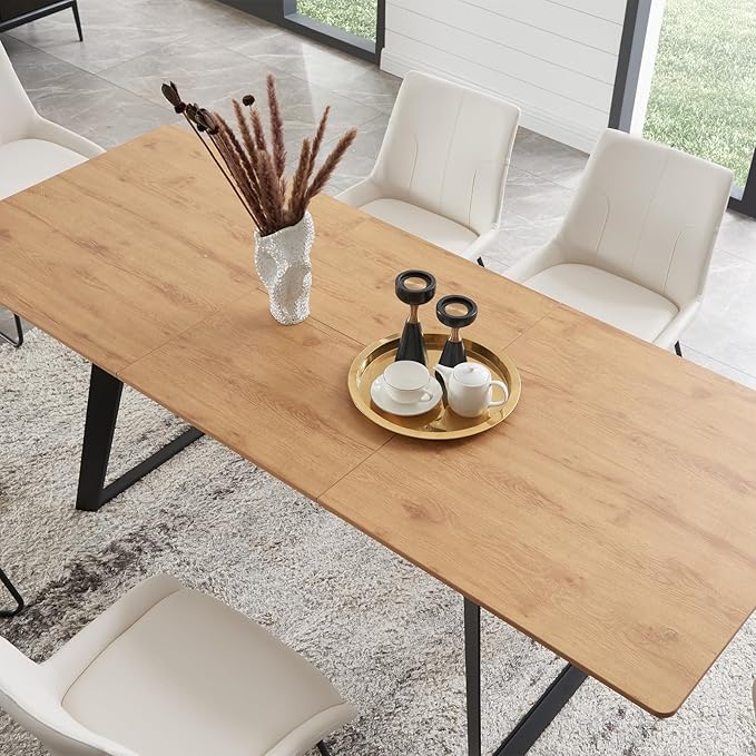 63"-79" Expandable Dining Table Set for 6, Wood Table & 6 White Chairs, Extendable Kitchen Dining Table Set for Kitchen & Dining Room, Modern Oak & White