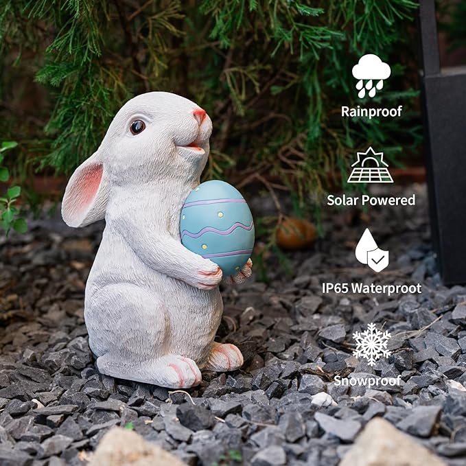 Solar Easter Rabbit Garden Statues Bunny Figurine Outdoor Easter Decorations Resin Bunny Statue with Egg Changing LED Lights for Porch Patio Lawn Yard Gardening Gifts for Mom Grandma