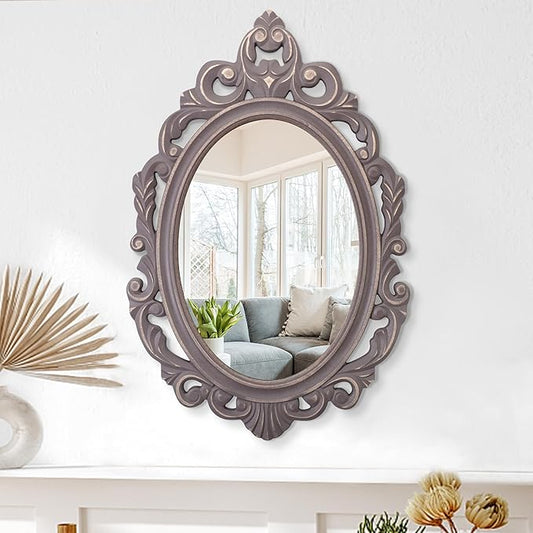 Brown Wooden Frame Wall Mirror Oval Vintage Mirrors Carved Hanging Mirror Decorative for Wall Baroque Style Rustic Aesthetic Mirror for Wall Home Living Room Bedroom Entryway Decor 28"x20"