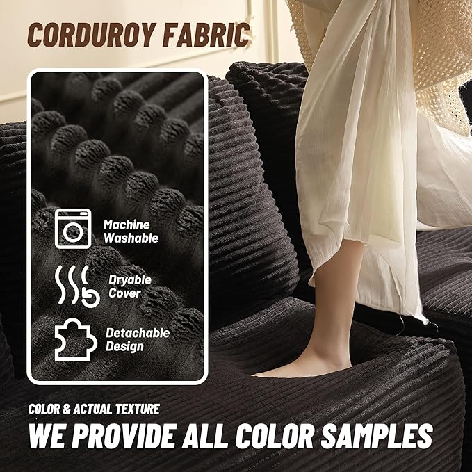 138" Boneless Couch with Deep Seat, Modular Sectional Sofa, Cloud Sectional Couch for Living Room, No Assembly Required, Corduroy, 4 Seater L-Shape Right, Black