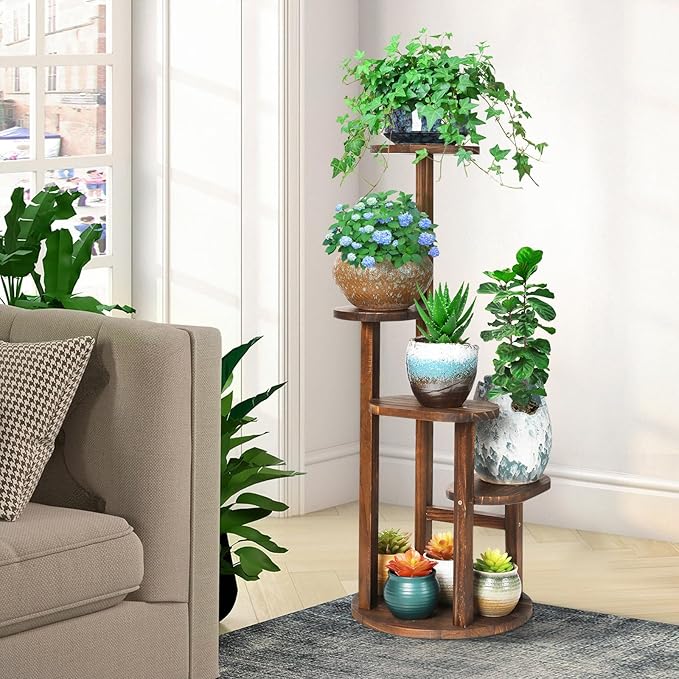Wooden Plant stand Indoor,4 Tier Oval Plant Shelf Corner Plant Stands for Indoor Plants,Tiered Plant Holder Flower Pot Stand for Balcony Bedroom Patio Office