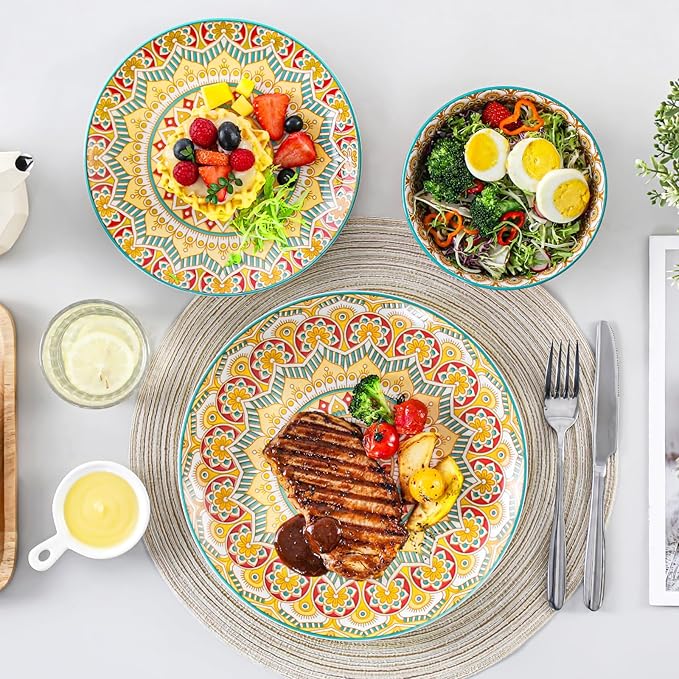 vancasso Mandala 12 Pieces Dinnerware Sets, Porcelain Dinner Set for 4, Boho Plates and Bowls Set, Colorful Dish Sets