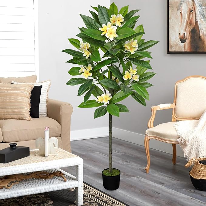 Briful Artificial Plants Indoor 5.09ft Fake Tropical Plumeria Flowers Tree in Black Pot Hawaiian Yellow Plumeria Faux Frangipani Tree Potted Floor Plant for Home Office Wedding Decor