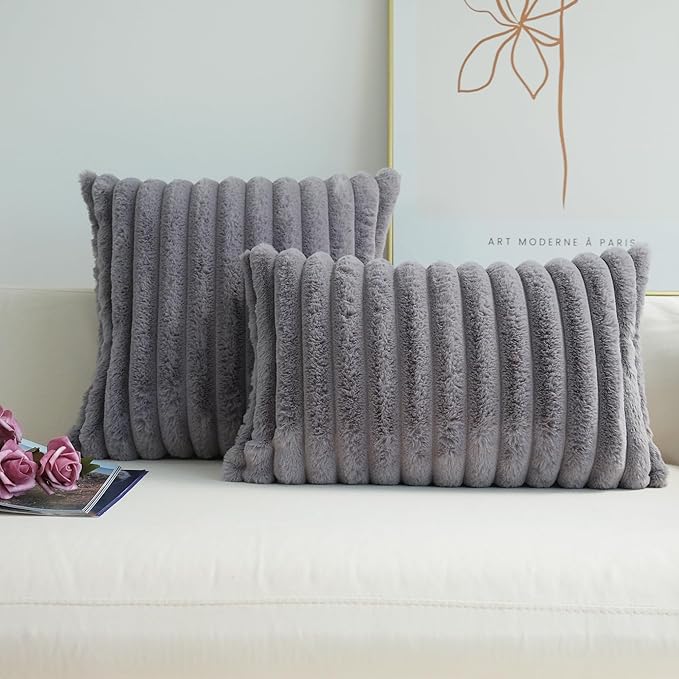 JOJUSIS Pack of 2 Faux Fur Plush Decorative Throw Pillow Covers Couch Cushion Case Soft Pillowcases (Grey, 22 x 22-Inch)