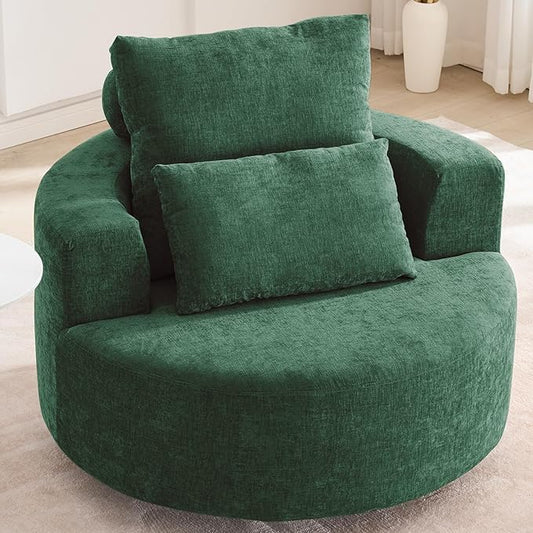 Furnimart Oversized Barrel Accent Chair, 360° Swivel Round Upholstered Sofa, Chenille High-Resilience Sponge, No Assembly Wide Seat for Living Room, Bedroom, Apartment (Green)