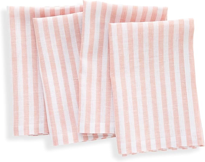Solino Home Linen Cloth Napkins Set of 4-100% Pure Linen Coral and White Striped Dinner Napkins 20 x 20 Inch - Amalfi Stripe, Handcrafted and Machine Washable