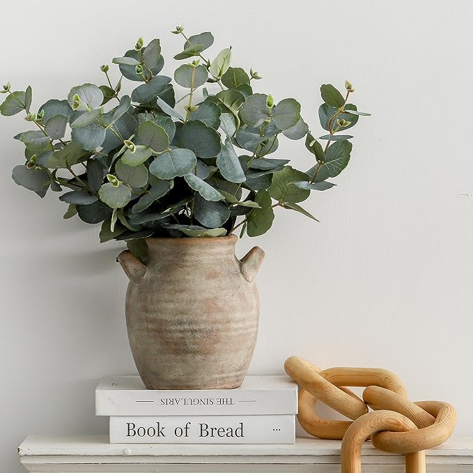 Ceramic Flower Vase Home Decor - Farmhouse Table Vases with Handle Living Room Decoration Vintage Decorative Aesthetic for Shelf Coffee Dining Desk House Bookshelf Fireplace (7.1" Retro)