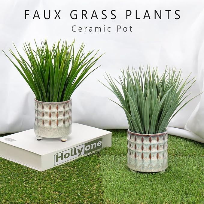 Hollyone Fake Grass Plant in Ceramic Pot Artificial Potted Plants Small Faux Plants for Home Decor Realistic Green Grass House Living Room Bedroom Bathroom Office Indoor & Outdoor Greenery Decoration