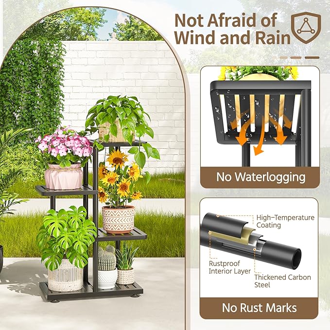 LASZOLA 3 Tier Plant Stand Indoors Outdoors for Large Heavy Duty Planter, Black Metal Tall Flower Holder Rack with Multiple Shelf for Modern Patio Corner, Vertical Organizer, Weather Resistant Bracket