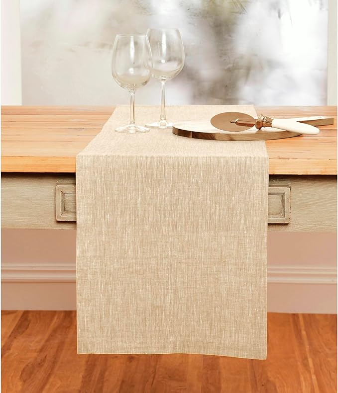 Solino Home Linen Table Runner 90 Inches Long - Athena, 100% Pure Linen Champagne Beige 14 x 90 Inch Table Runner for Dining, Fall, Autumn, Thanksgiving, Christmas