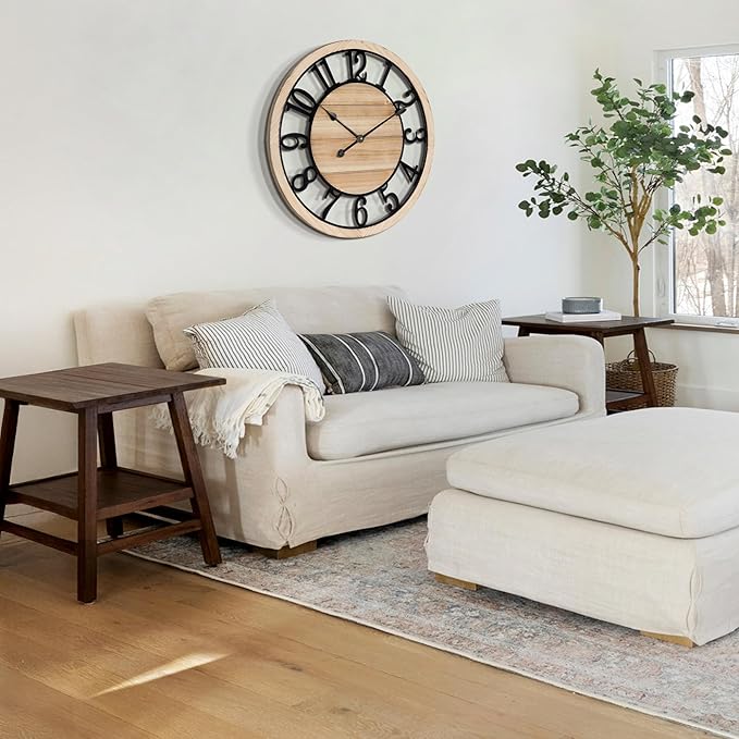 LEIKE 24 Inch Large Wall Clock - Rustic Wooden Silent Non-Ticking Wall Clock with Black Metal Frame, Vintage Farmhouse Decorative for Living Room, Bedroom, Kitchen - Arabic Numerals, Modern Design