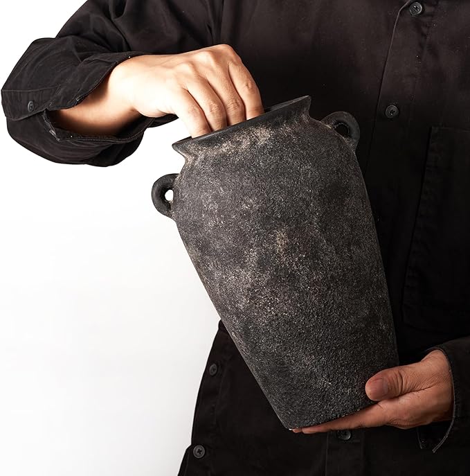 Terracotta Vase 10inch Tall, Farmhouse Distressed Ceramic Pottery, Unique Textured Stoneware Mantel Decoration, Black Boho Vintage Stone Vases for Flowers, Centerpieces, Living Room.