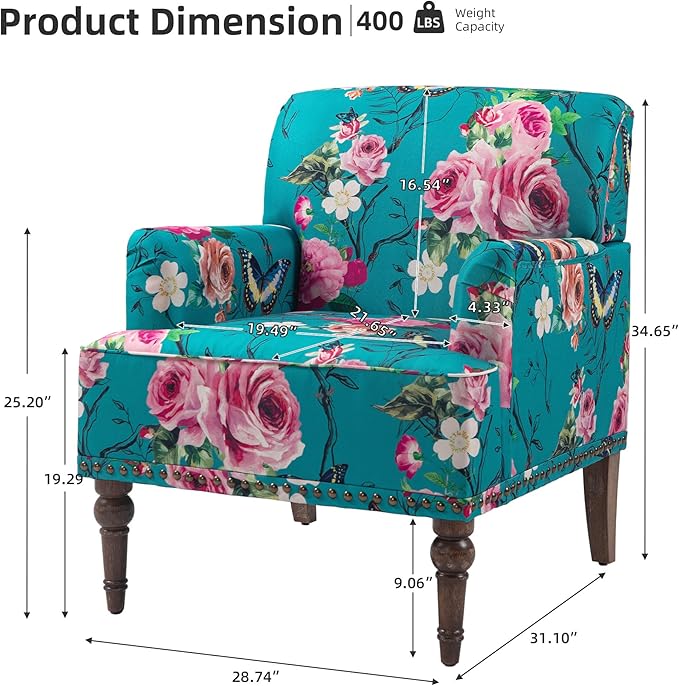 Lumibee Modern Accent Chair with Arms,Mid Century Stripe Armchair for Living Room,Comfy Linen Fabric Single Sofa for Apartment Bedroom,Comfortable Cushioned Seat for Reading Home Office-Floral