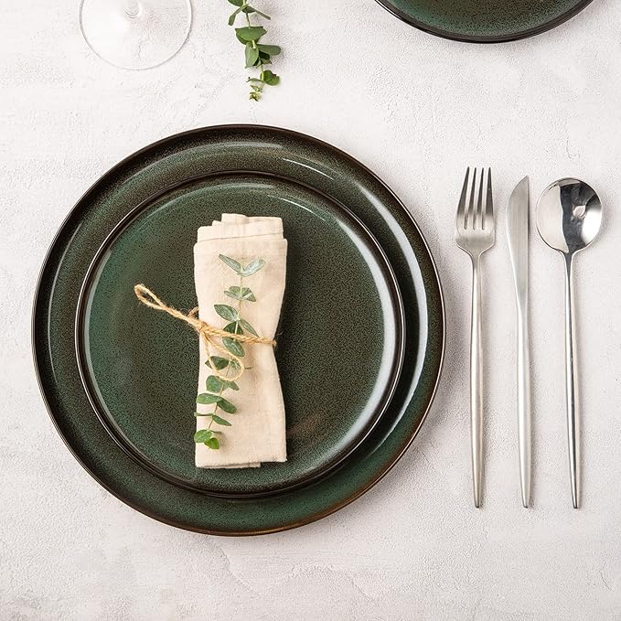 LeRatio Ceramic Dinnerware Sets,12-Piece Plates and Bowls,Handmade Reactive Glaze Dishes Set,Chip Resistant and Scratch Resistant | Oven Dishwasher & Microwave Safe,Service for 4-Green