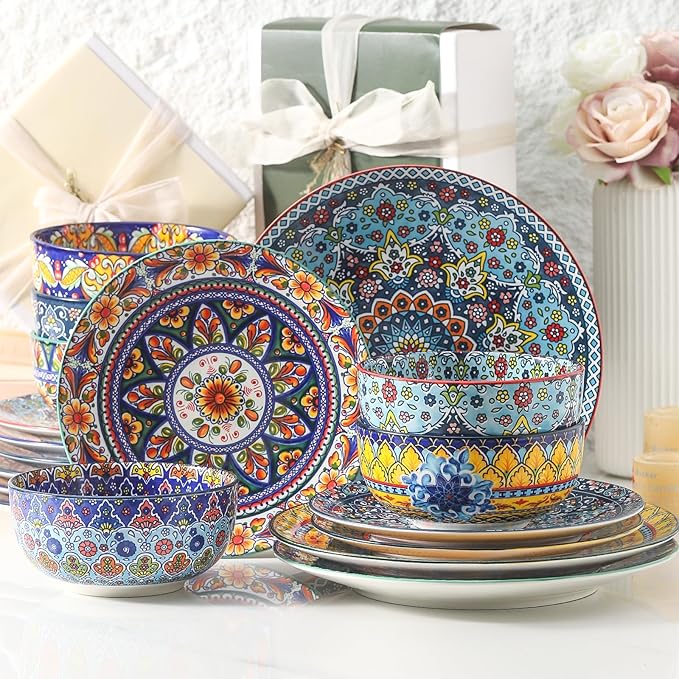 glowworm Dinnerware Sets for 6, 18 Pieces Plates and Bowls Set, Ceramic Dishes Set for 6, Oven, Microwave & Dishwasher Safe, Scratch Resistant, Bohemian