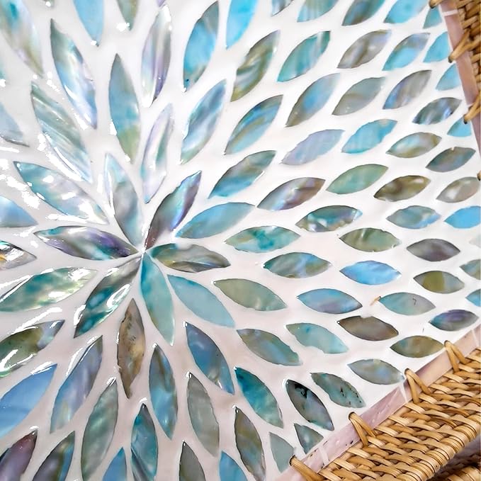 i-lan Set of 3 Rectangular Rattan and Mother of Pearl Serving Tray,Rectangule Natural Rattan Woven Trays,Natural Wicker Decorative Serving Baskets for Entryway Kitchen Bathroom Counter,Blue MOP Tray