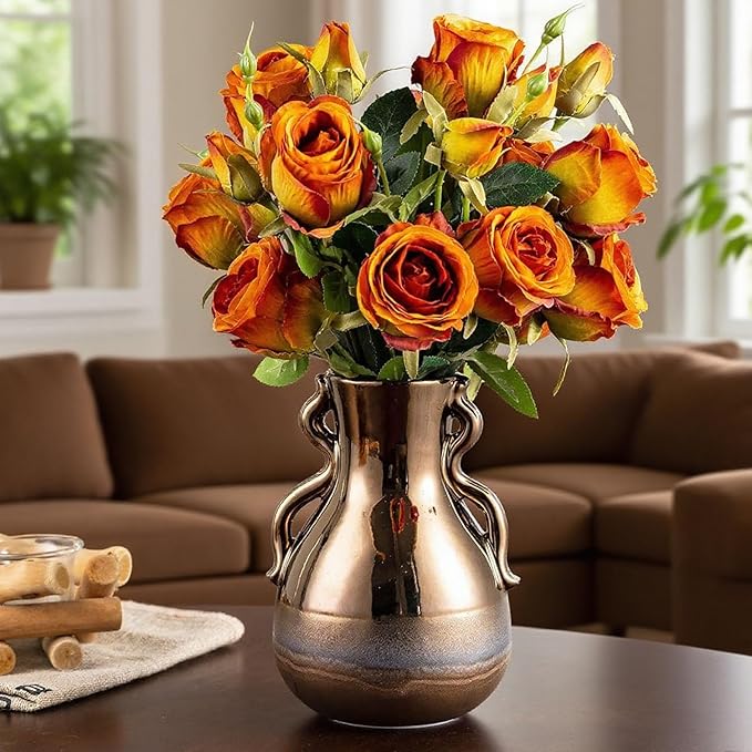 Gold Ceramic Vase with Handles, Brown Rustic Farmhouse Vintage Flower Vases Home Decor, Modern Amber Brown Tall Centerpiece Floral Small Vase for Living Room, Bedroom, Office Metal Glaze Finish 7.3 In