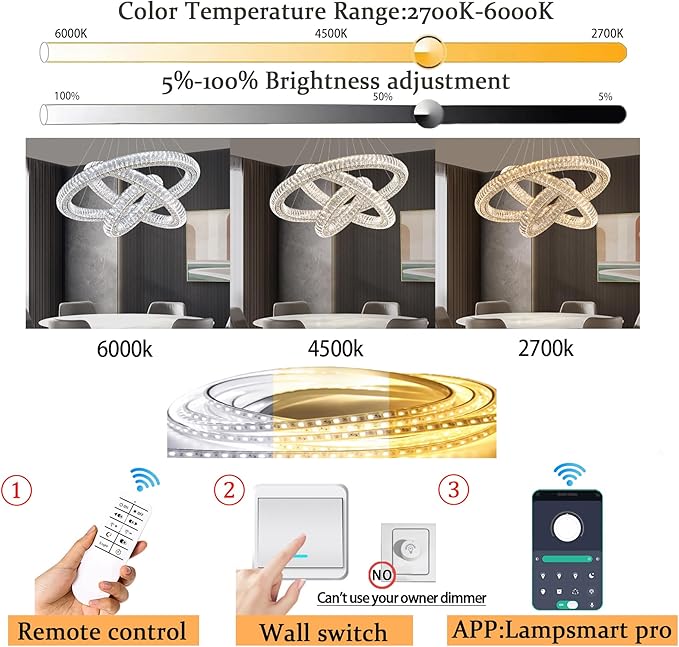 Gold 3 Rings Crystal Chandeliers for Living Room Modern LED Dimmable Crystal Ring Hanging Pendant Light Adjustable D24in+D32in+D40in