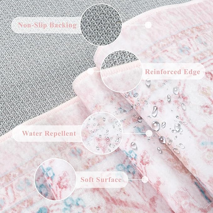 LIVEBOX Pink Washable Area Rug 8x10 - Large Vintage Tribal Living Room Rug Oriental for Bedroom, Non-Slip Retro Medallion Carpet Print Distressed for Dining Room Nursery Dorm Home Decor