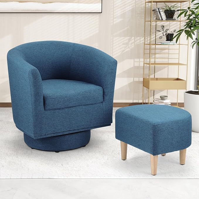 DAZONE Swivel Accent Chair, Modern Barrel Chair with Ottoman, Comfy Swivel Armchair Living Room Chairs 360 Degree Upholstered Round Club Tub Chairs for Bedroom Reading Room, Blue
