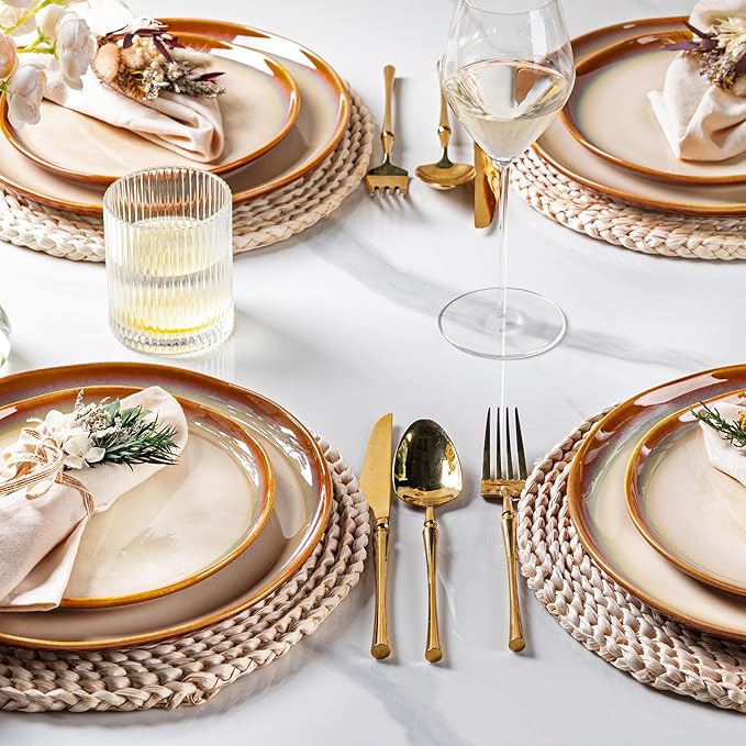 LeRatio Ceramic Dinnerware Sets for 4,Wavy Reactive Glaze Stoneware Plates and Bowls Sets,Highly Scratch Resistant | Dishwasher & Microwave,Oven Safe Dishes Set(12PCS)