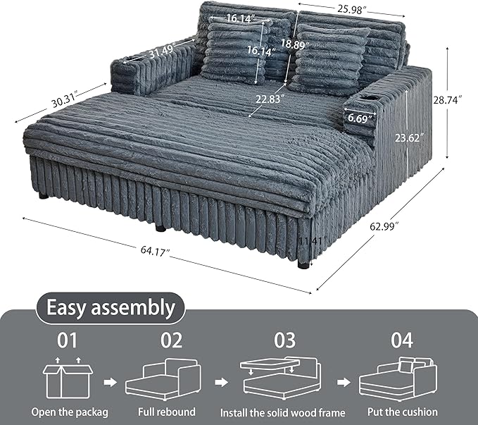 RARZOE 64'' Oversized Chaise Lounge Chair Indoor, Plush Faux Rabbit Fur Sleeper Sofa Bed with 4 Pillows, Charging Station & Cup Holders, Fluffy Comfy Cloud Couch Loveseat Sofa for Living Room,Grey