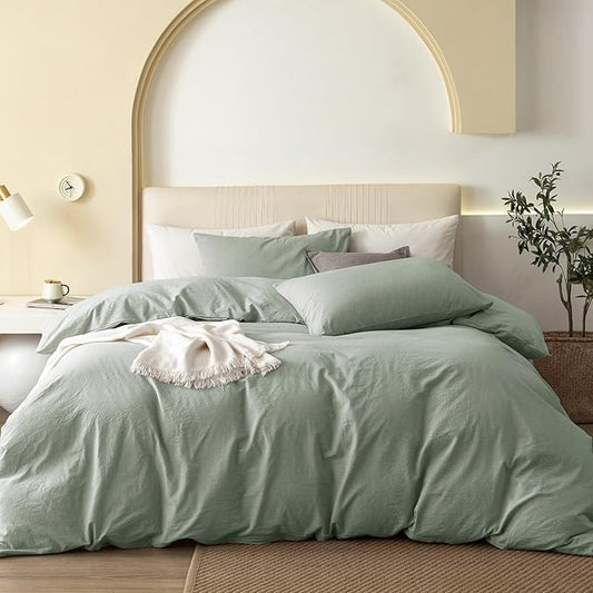 JIYUAN 100% Washed Cotton Duvet Cover Set 3 PCS Oversized Queen, 1 Duvet Cover 98"x98" (Comforter Not Included) and 2 Pillowcases,Linen Feel Bedding Set Comfy and Breathable, Heathered Sage Green