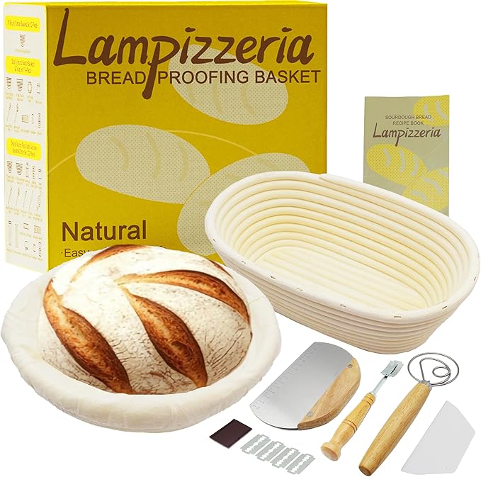 Round & Oval Rattan Banneton Basket Gift Kit with Accessories - Sourdough Bread Proofing Supplies (9" & 10", Liners, Scrapers, Lame) Natural for Home Bakers