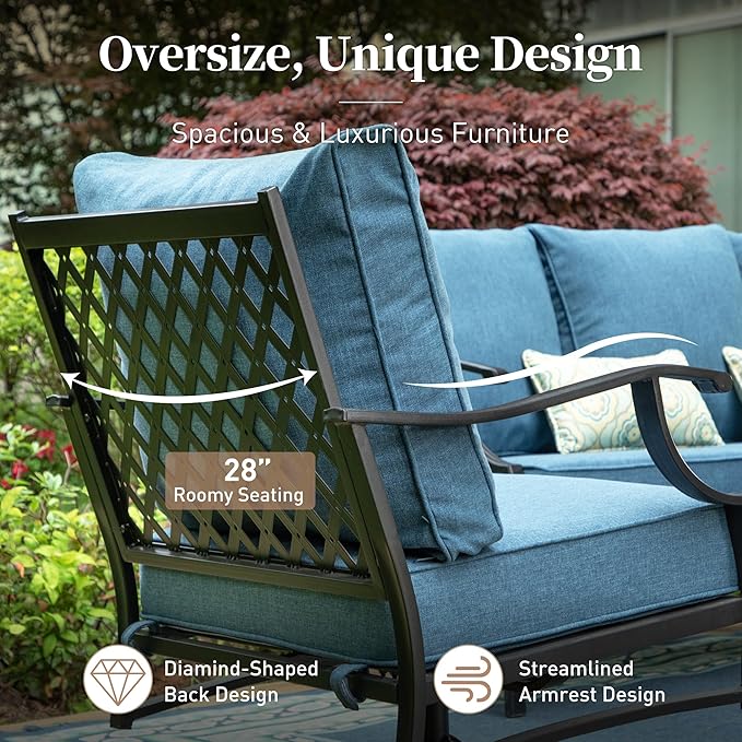 7 Piece Metal Outdoor Patio Furniture Sets, Patio Conversation Sets 1 3-seater Sofa, 2 Fixed Chair, 2 Rocking Chair, 2 Ottomans with 5.75" Thick Cushion, Black Backyard Furniture, Navy