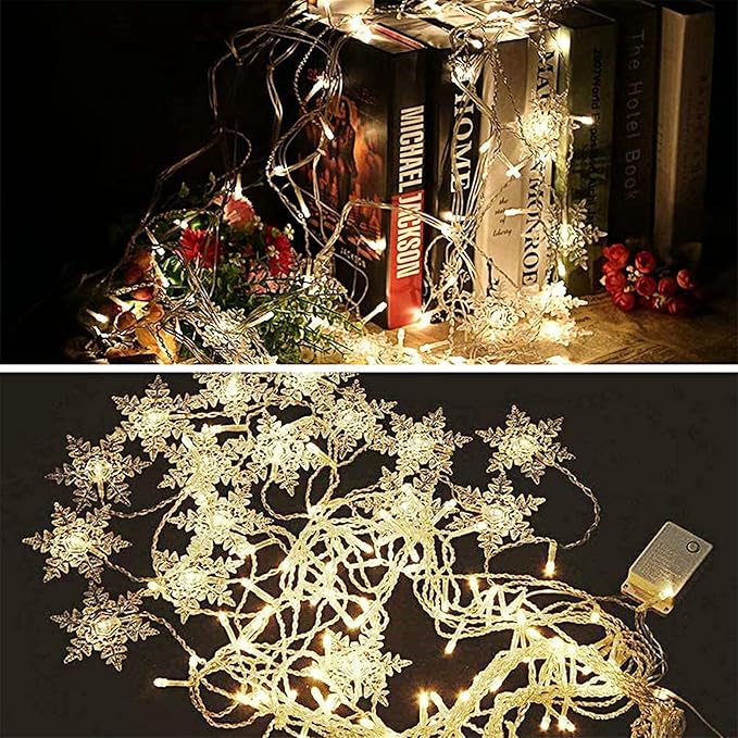 String Lights LED Curtain Light, 96 LED Fairy Hanging String Lights Waterproof Christmas Snowflake Lights with Wireless Control for Outside Indoor Bedroom Party Fence Patio - Warm White