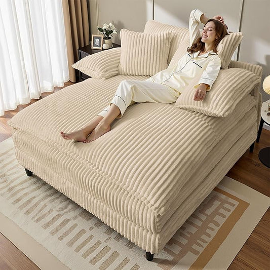 55" W Oversized Chaise Lounge Sofa Couch with 5-Position Adjustable Backrest, Corduroy Sleeper Sofa Bed, Reading Chair ‌with Deep Seat, Cloud Couches for Living Room, Khaki