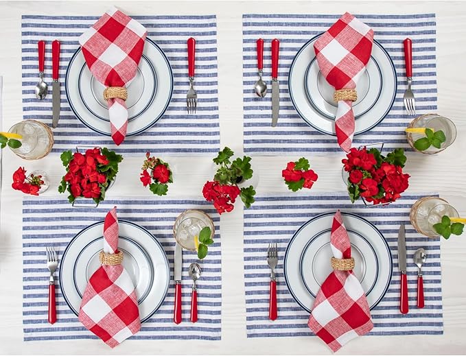 Solino Home Linen Placemats Set of 4 - Amalfi Stripe Navy and White Placemats 14 x 19 Inch - 100% Pure Linen Place Mats for Fall, Autumn, Thanksgiving, Christmas, Holiday