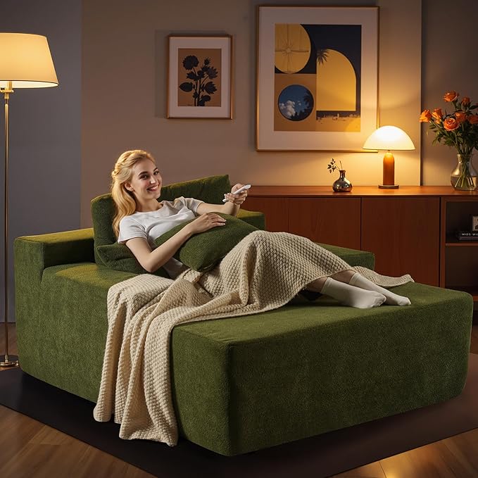 Chaise Lounge Chair Indoor, 67" Oversized Comfy Cloud Velvet Sleeper Sofa Bed, Boneless Upholstered Recliner Bed with Pillows and Wide Armrests, Modern Cloud Couch for Living Room, Green