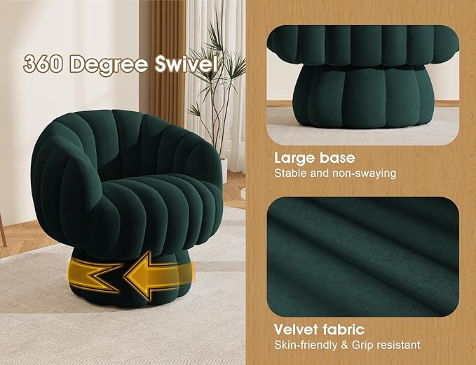 Mid Century Modern 360 Degree Barrel Swivel Accent Sofa Chair,Fluffy Velvet Fabric Lounge Wide Upholstered Pumpkin Reading Chair, Round Cloud Armchair for Living Room,Bedroom,Vanity(Green)