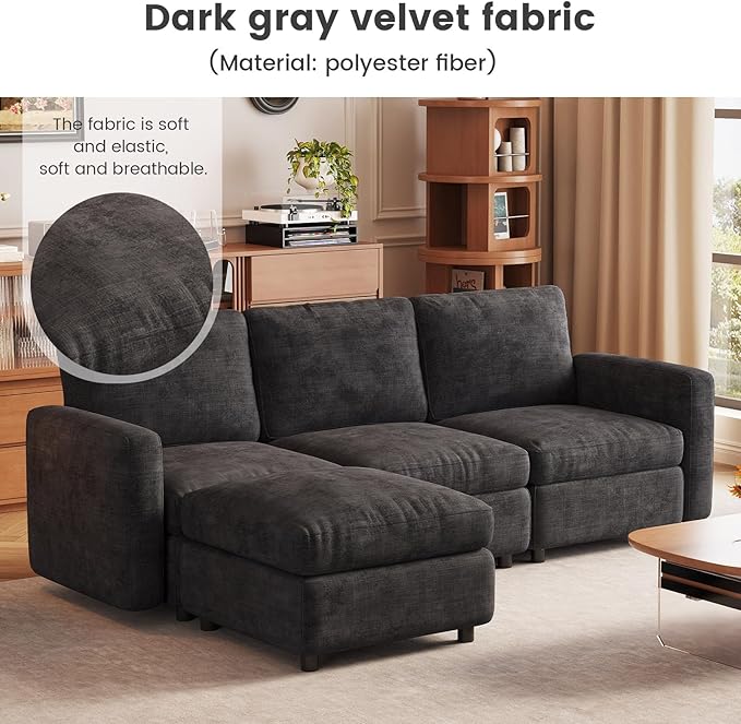 8-Seat Modular Sectional Sofa with 4 Storage Ottomans, Oversized Deep L-Shaped Couch for Living Room, Grey Velvet Family Sofa Set, Modern Apartment Loveseat Sleeper Bed with Extra Comfy Seating