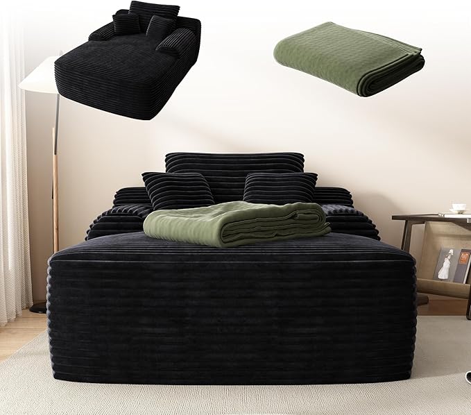 67" Oversized Chaise Lounge Chair with Cover, Comfy Sleeper Sofa Bed, Black Plush Corduory Couch for Living Room,Sofa in A Box,No Assembly Required (Pet Light Green Cover).