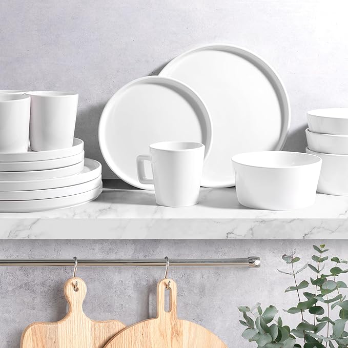 Zulay Kitchen Terra Stoneware Dinnerware Set, Artisanal Ceramic Plates and Bowls Set Crafted at 2300℉ - Service for 4, Frost White