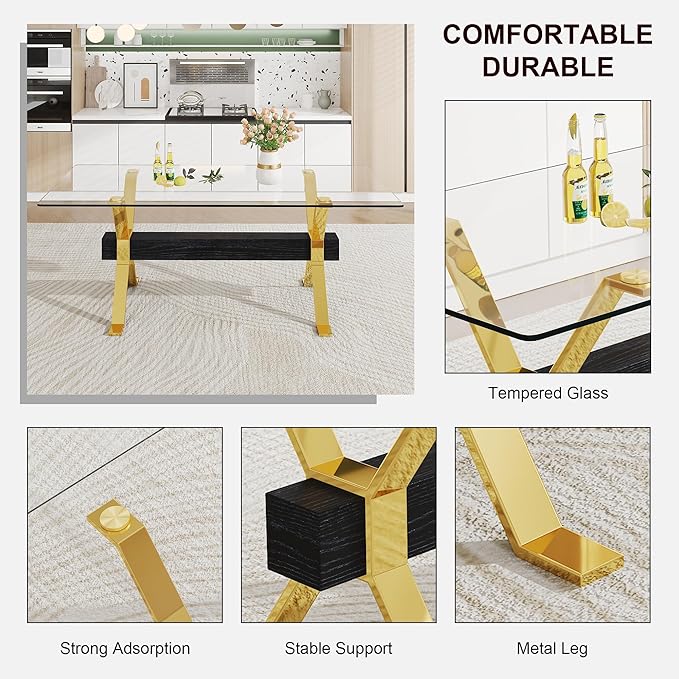 79" Glass Dining Table, Modern Kitchen Table, Modern Dining Table Set for 6, 0.5" Thick Tempered Glass Tabletop with Gold Chrome Metal Legs and Black Crossbar, Ideal for Dining Room, Kitchen