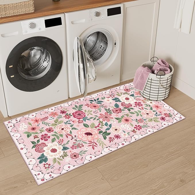 DUKINO 2x4 Rug for Entryway, Washable Kitchen Floral Runner Rug with Non Slip Backing, Low Pile Soft Boho Carpet for Kitchen, Hallway, Entryway, Laundry, Bedroom, Pink
