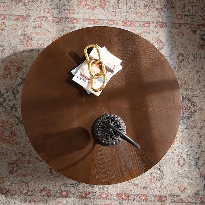 Round Coffee Table, 30.31" Circle Accent End Table, Morden Drum Side Table, Fluted Wooden Center Table for Living Room, Fully Assembled - Walnut and Black