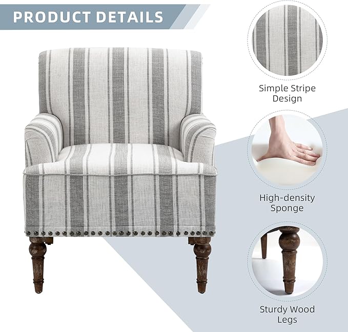 Modern Accent Chair with Arms,2 Set Mid Century Stripe Armchair for Living Room,Comfy Linen Fabric Single Sofa for Apartment Bedroom,Comfortable Cushioned Seat for Reading Home Office-Gray Stripe