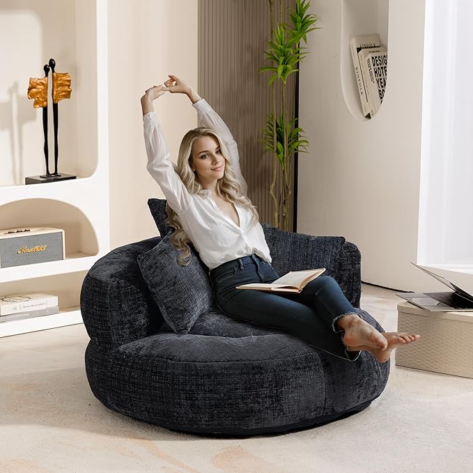 42'' Oversized Round Chair, Single Lounge Chaise Upholstered Sofa Bed with Deep Seat, Chenille Bean Bag Chiar with Pillows for Living Room, Bedroom, Apartment, Reading, No Assembly (Black)
