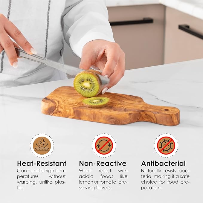 Olive Wood Cutting Board - 23cm (9.05") Handmade Mediterranean Olivewood Chopping Board with Hanging Hole - Durable Eco-Friendly Kitchen Board with Natural Beeswax Finish