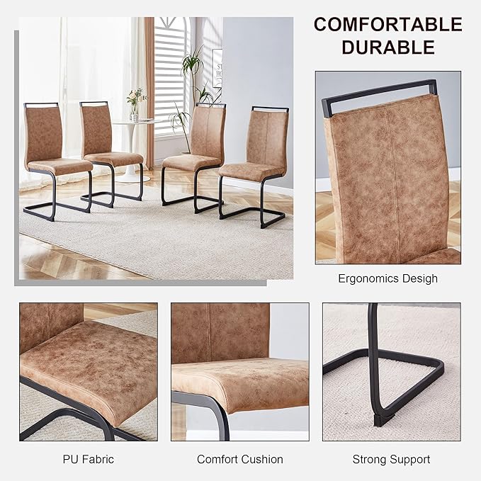 Wooden Dining Table Set for 4, 63" Modern Rectangular Wood Grain Table with Faux Leather Cantilever Dining Chairs, Upholstered High Back Kitchen & Dining Room Furniture