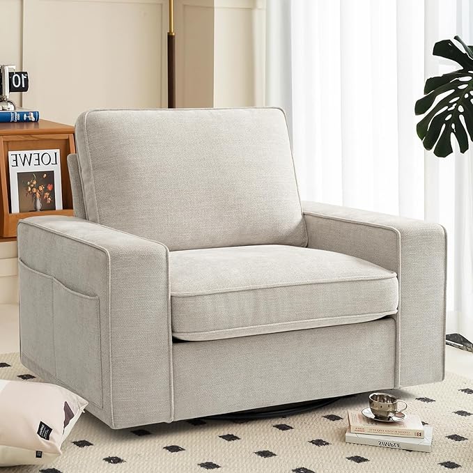 Swivel Accent Chair for Living Room Comfy Single Sofa Chair Soft&Breathable Padding with Extra Wide Armrests Washable Detachable Cover (Beige)